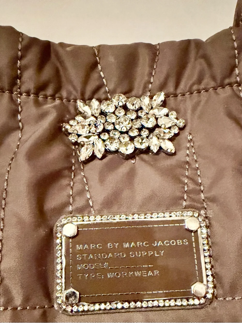 Marc by Marc Jacobs Quilted Taupe Tote Upcycled with Charm and Brooch